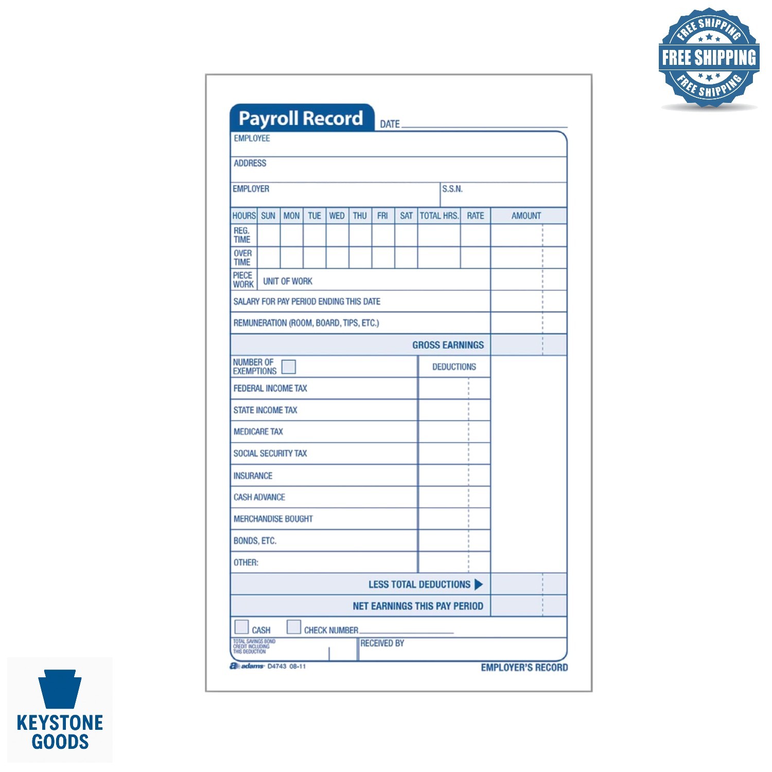 Employee Payroll Record Book, 55 Sets, 2-Part Carbonless, 4.19×7.19 Inches