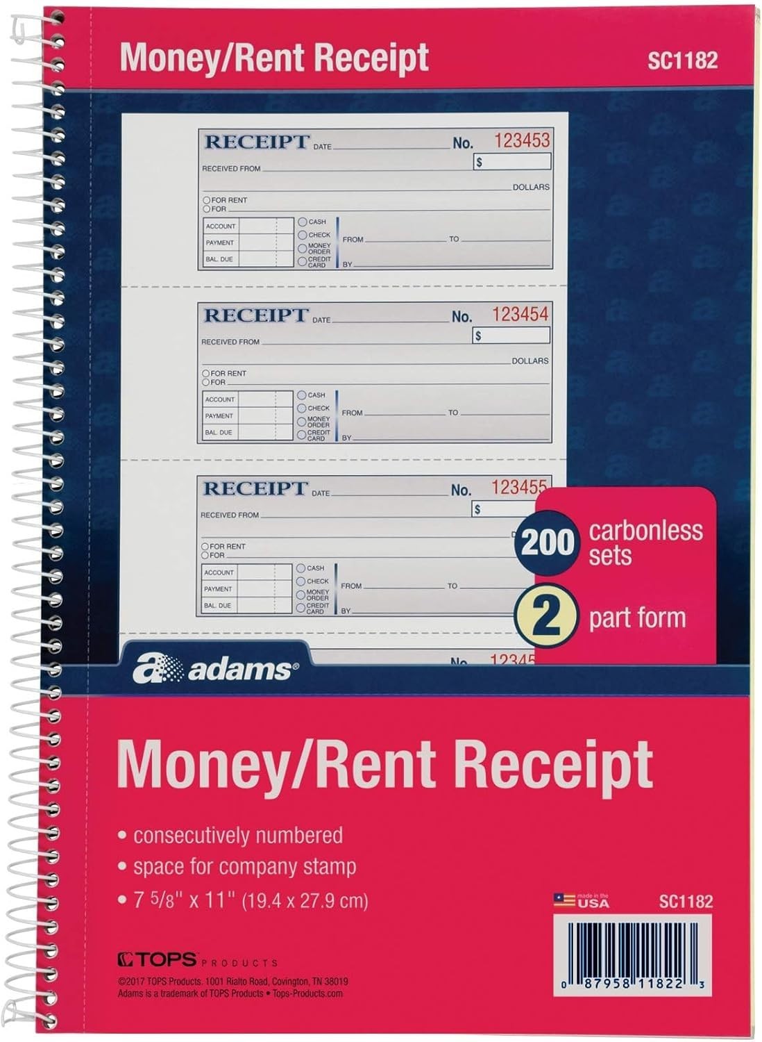 Money and Rent Receipt Book, 2-Part Carbonless, 7-5/8 x 11, Spiral Bound, 200
