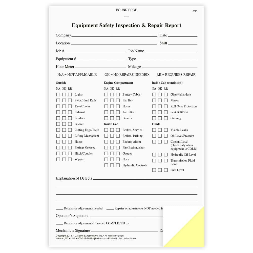 J. J. Keller Equipment Safety Inspection Report 10-pk.. 2-Ply, Carbonless, 5.5″