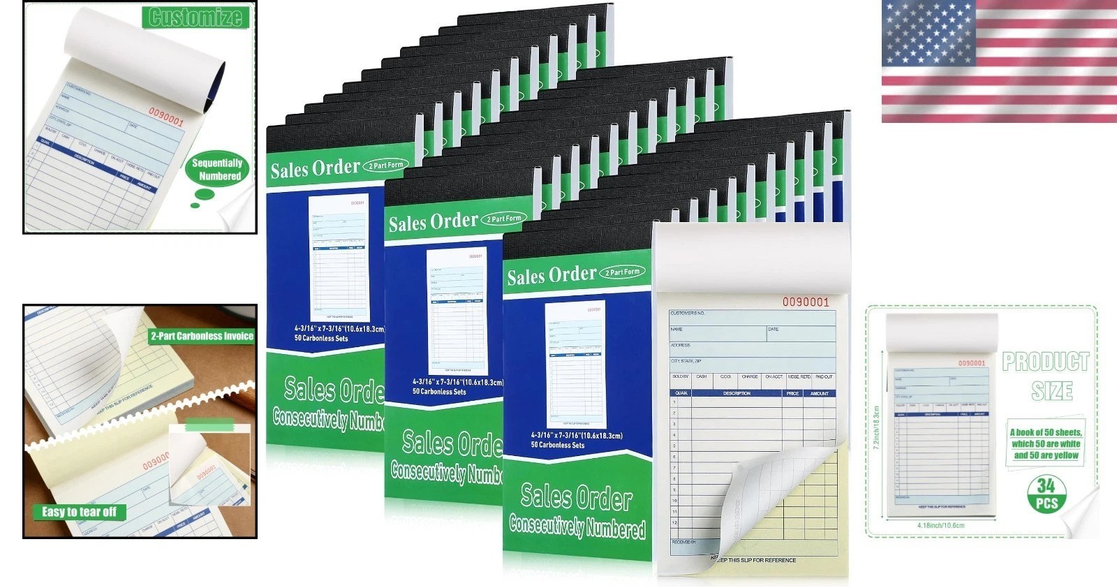 34 Receipt Books – 2-Part Carbonless, 50 Sets, Numbered, Small Business