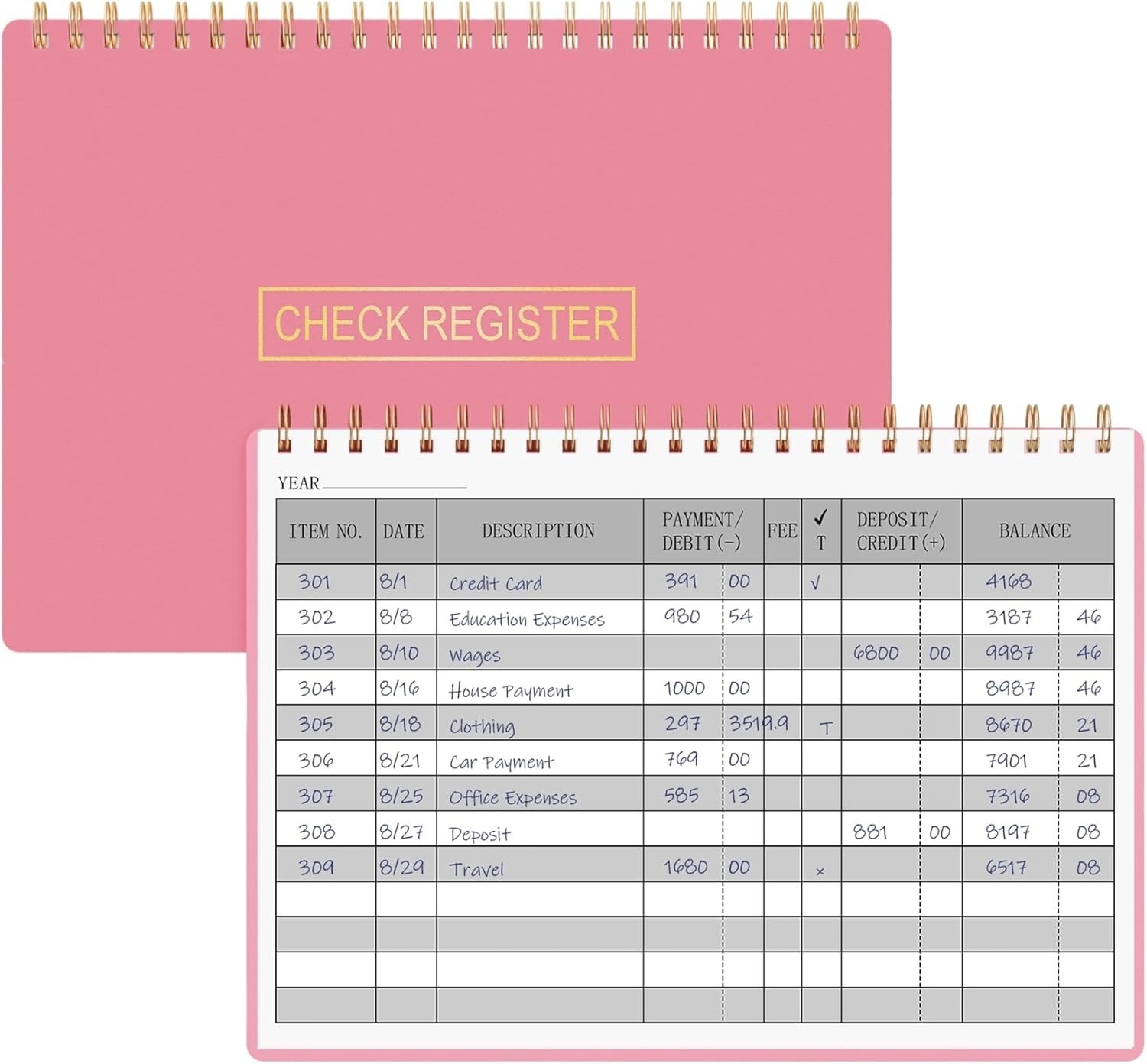 Financial Tracker Check Register Pink 100 Pages with Calendar and Receipt Pocket