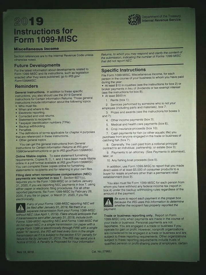 2019: 5 SHEETS 1099-MISC IRS Miscellaneous Income Tax & 3=1096 Transmittal Forms