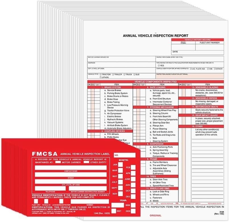 J. J. Keller 25-Pack Vehicle Inspection Forms & Red FMCSA Labels – DOT Compliant