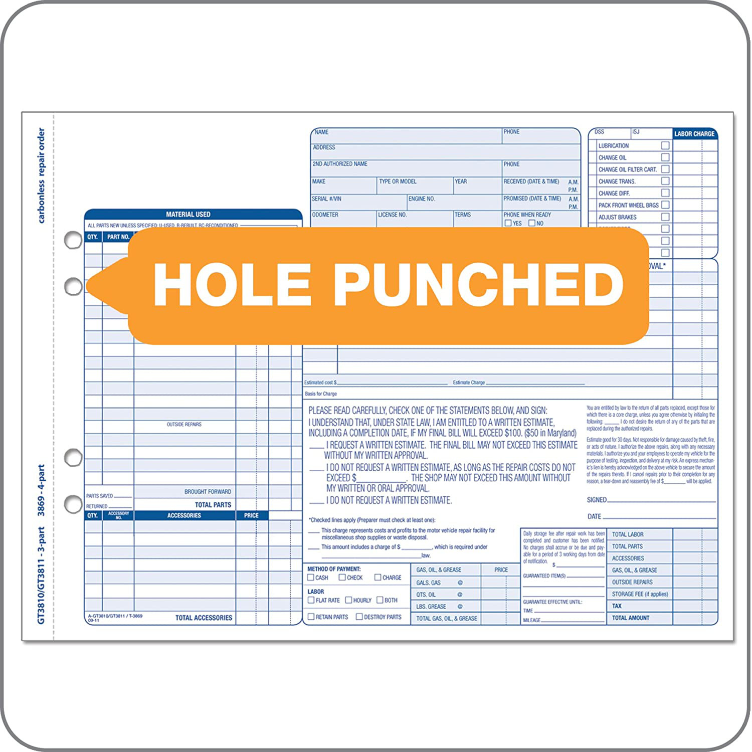 Adams Garage Repair Order Forms Auto Service Jobs Record 3 Part Carbonless 250ct