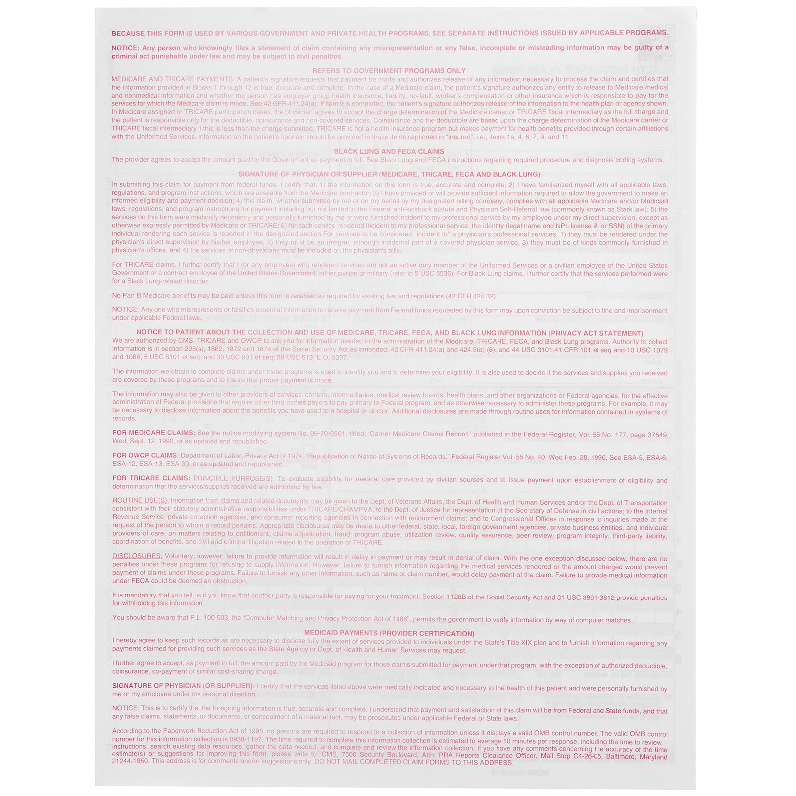 500 CMS 1500 Claim Forms, Current HCFA 02/2012 New Version Valid for HCFA 150…