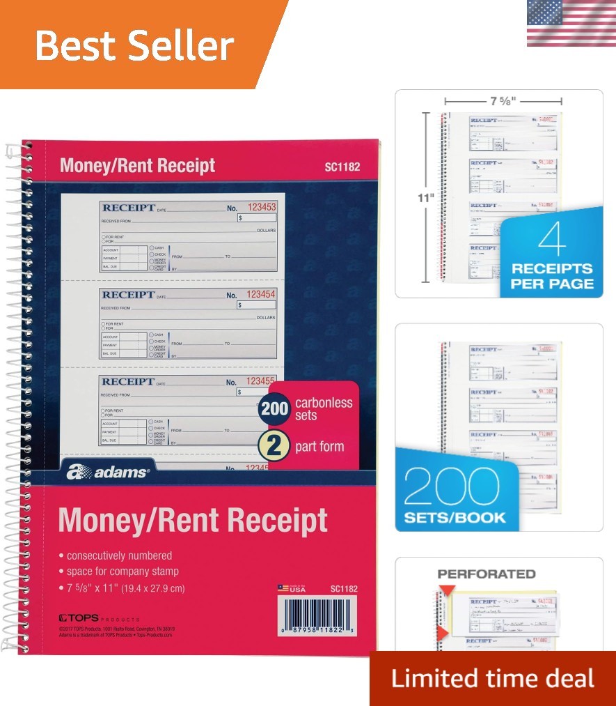Efficient Spiral Bound 2-Part Carbonless Receipt Book – 200 Sets for Landlords