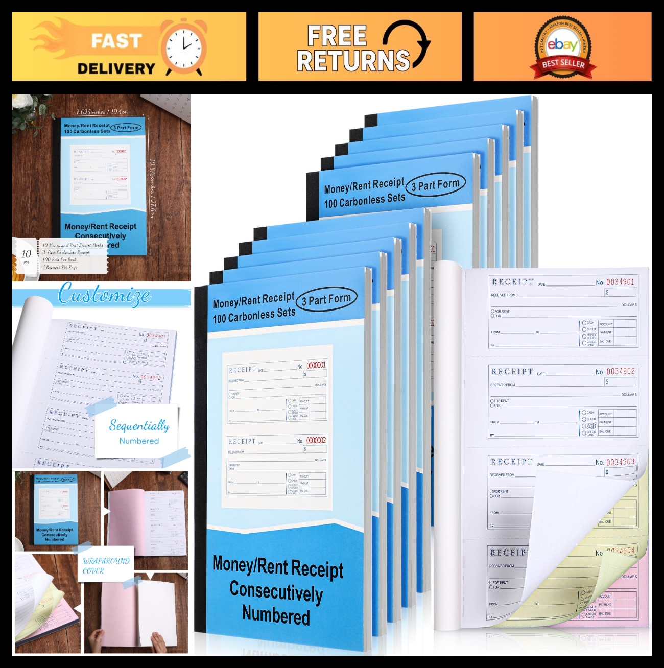10 Sets Carbonless Money & Rent Receipt Books – 3-Part, 25 Sets/Book, Log Book