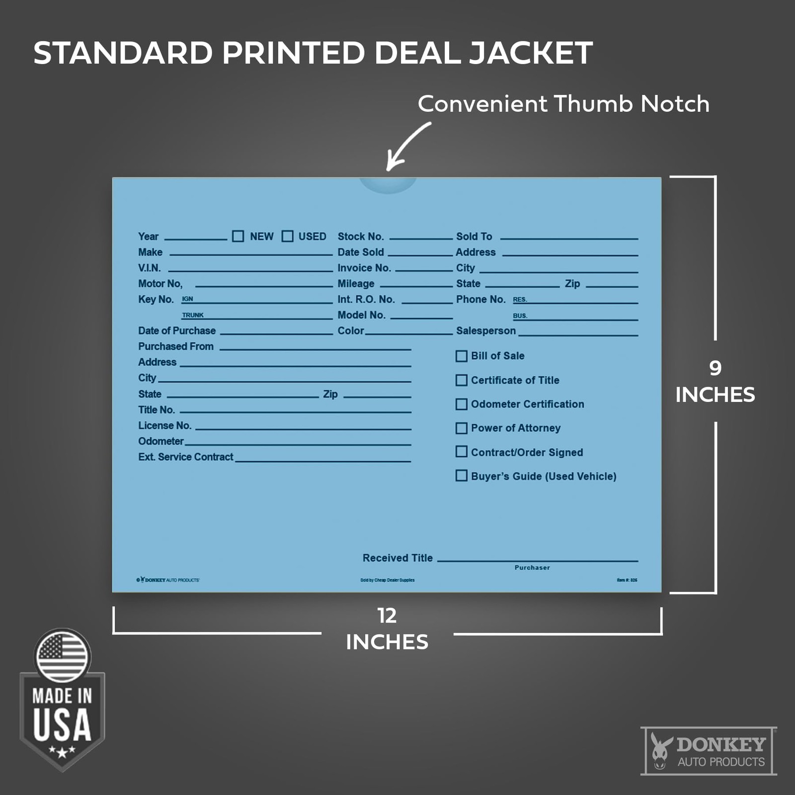 Printed Vehicle Deal Envelopes 9×12 Jackets (100 shrink One Size, Blue