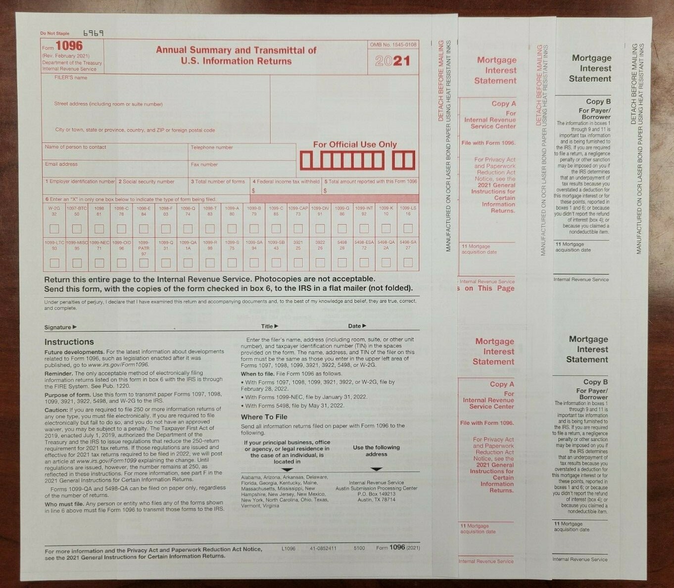2021 Tax Form 1098 Mortgage Interest 10 Recipients COPY A, B + 1096 Summary