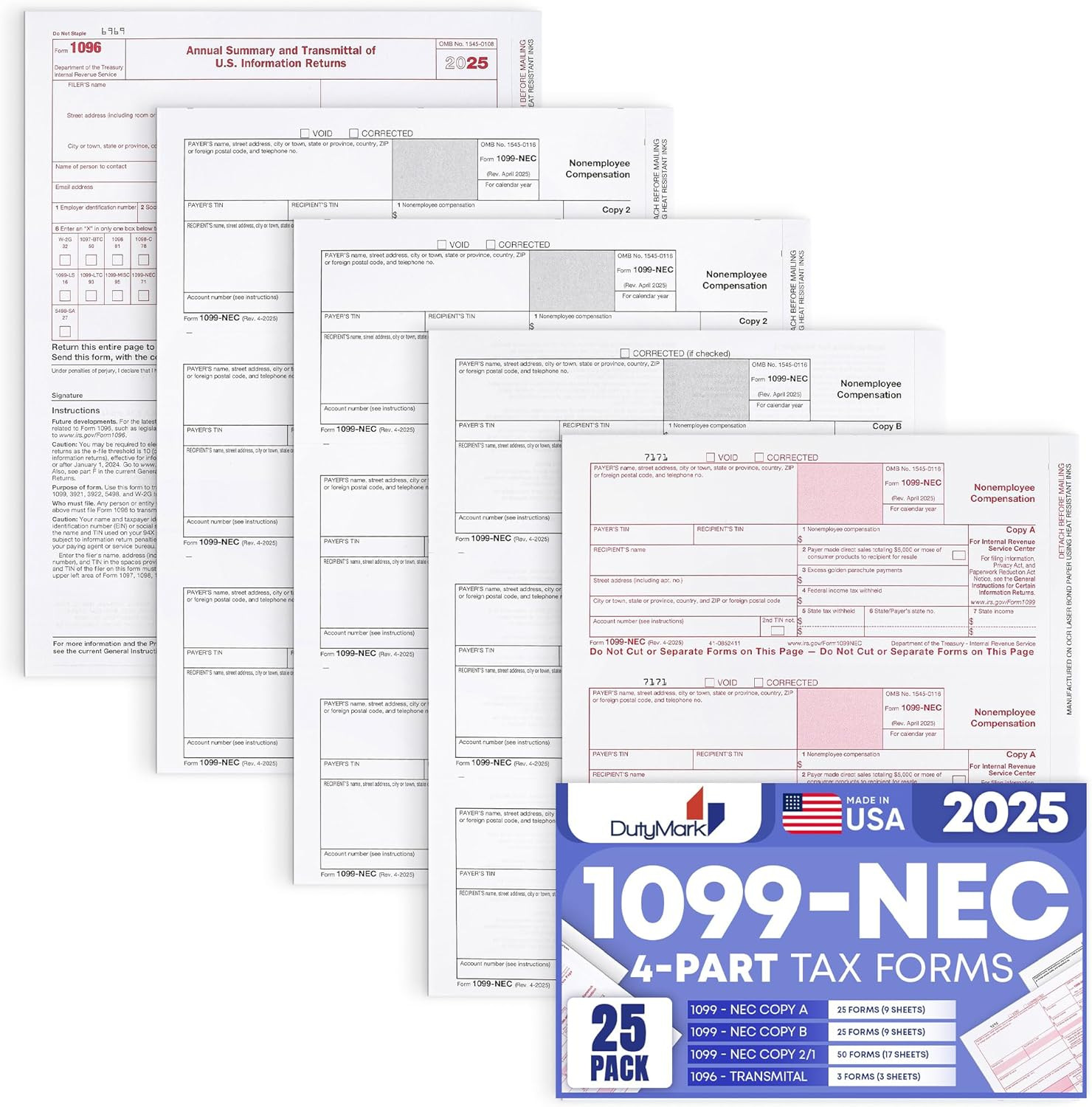1099 NEC Forms 2025 4 Part Tax Forms Kit of Laser Forms, Compatible with Quickbo
