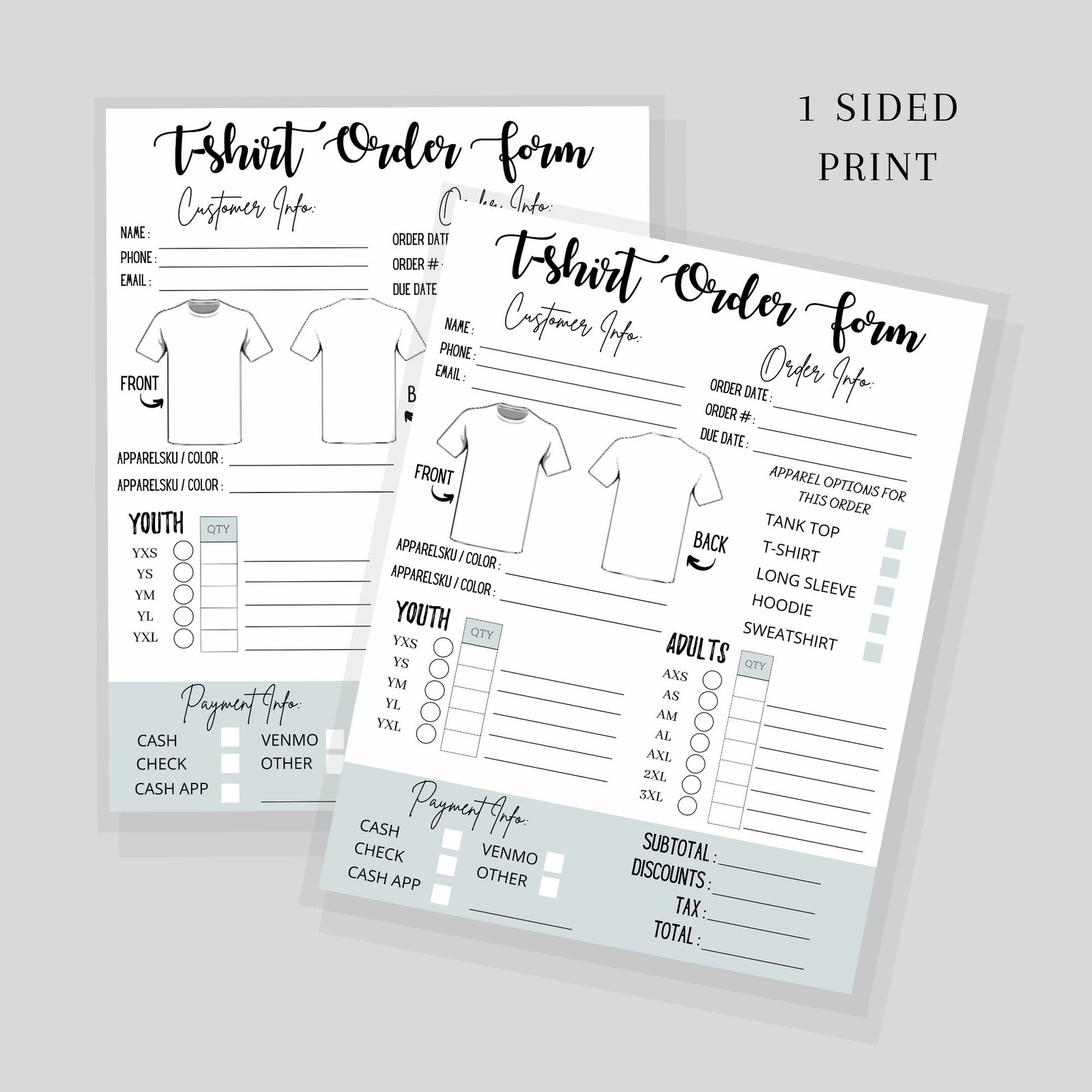 T-Shirt Custom Order Form Hoodie Template Business Invoice | 75 pk | 8.5×11”…
