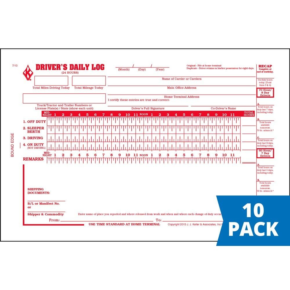 J. J. Keller Driver Daily Log Book 10-pk. with DVIR & Recap, 2-Ply with Carbon,
