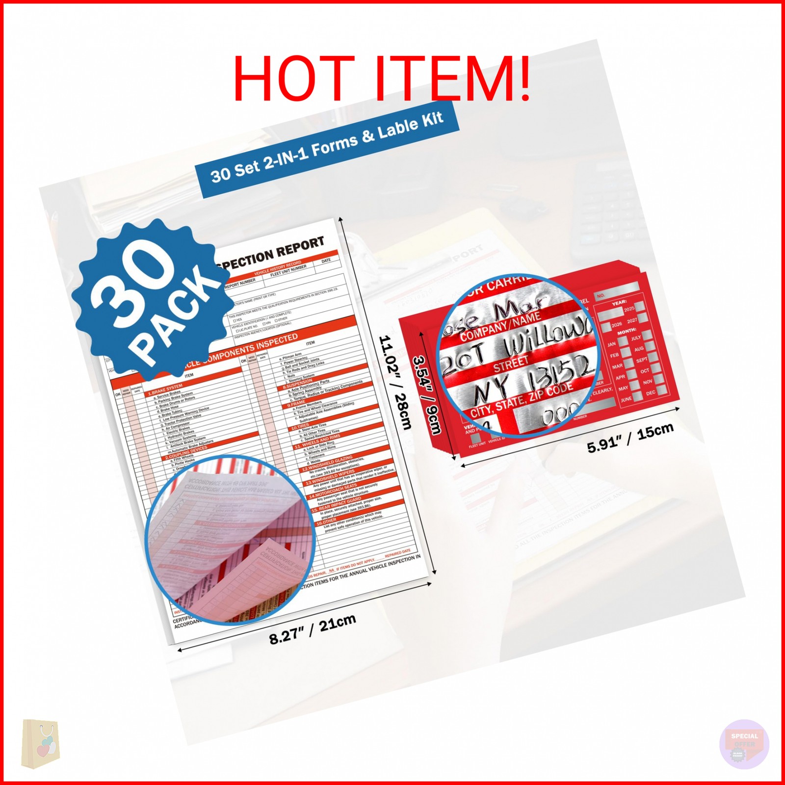 PUNCHMAN 30 Pack Annual Fleet Inspection Report Form & Red Aluminum Label, 3-Ply