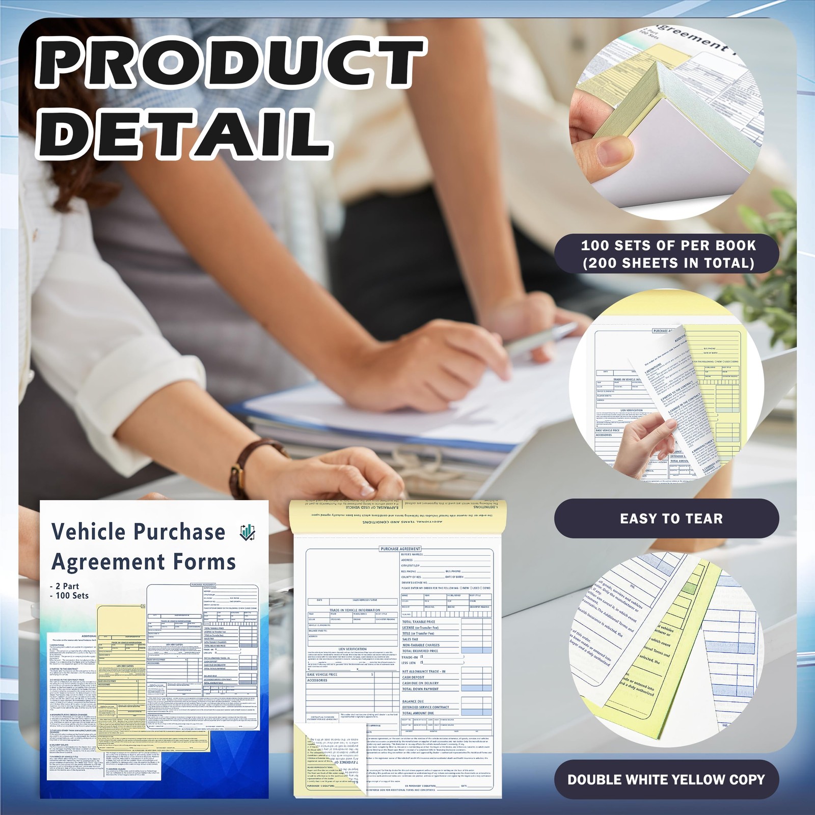 Vehicle Purchase Agreement Forms 2 Part Carbonless Copy Book 8.5 x 11 Blue