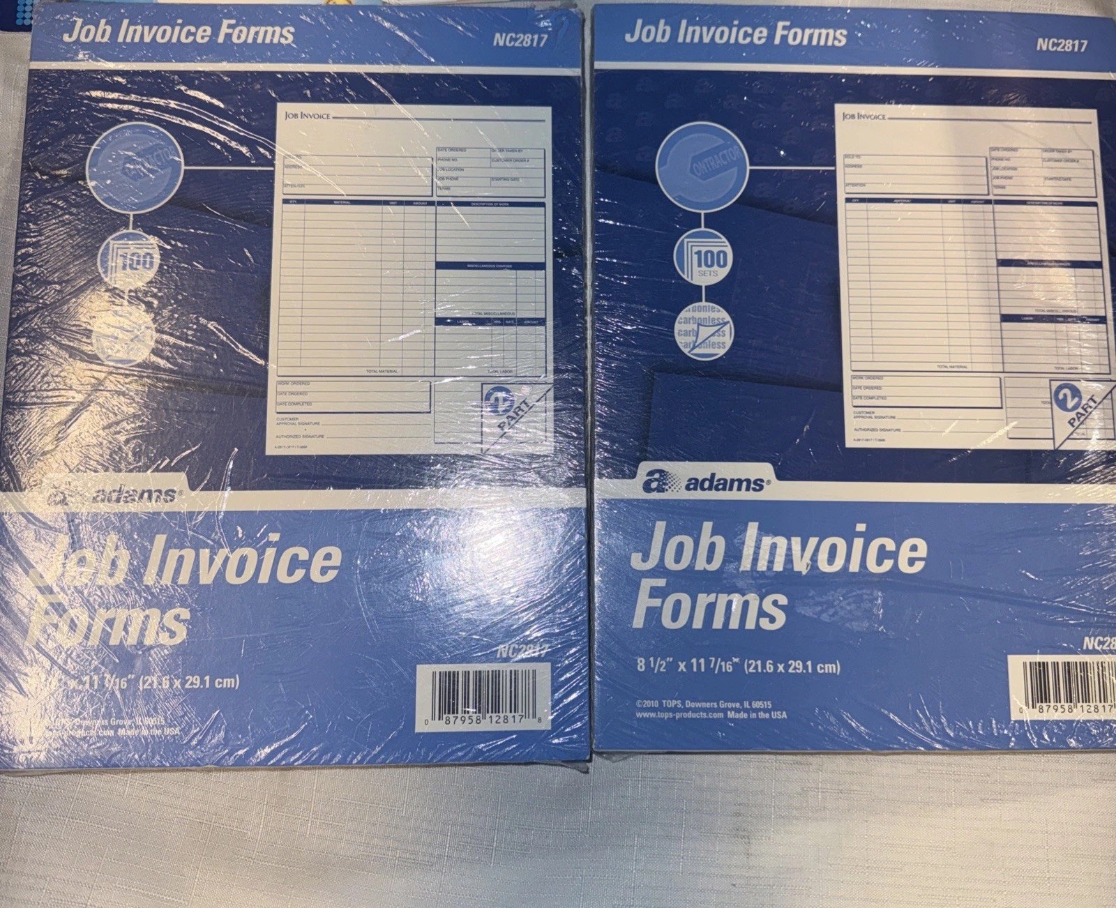 2 Adams Job Invoice Forms, 2-Part Carbonless, For Service 8-1/2 x 11 inches NEW