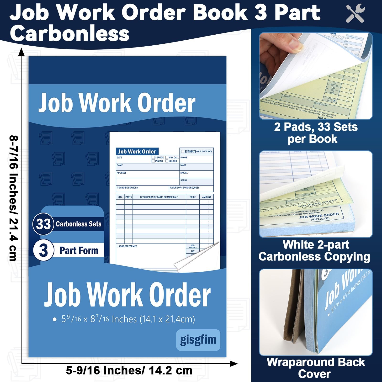 gisgfim 2 Pads Job Work Order Book 3 Part Carbonless Receipt White and Blue
