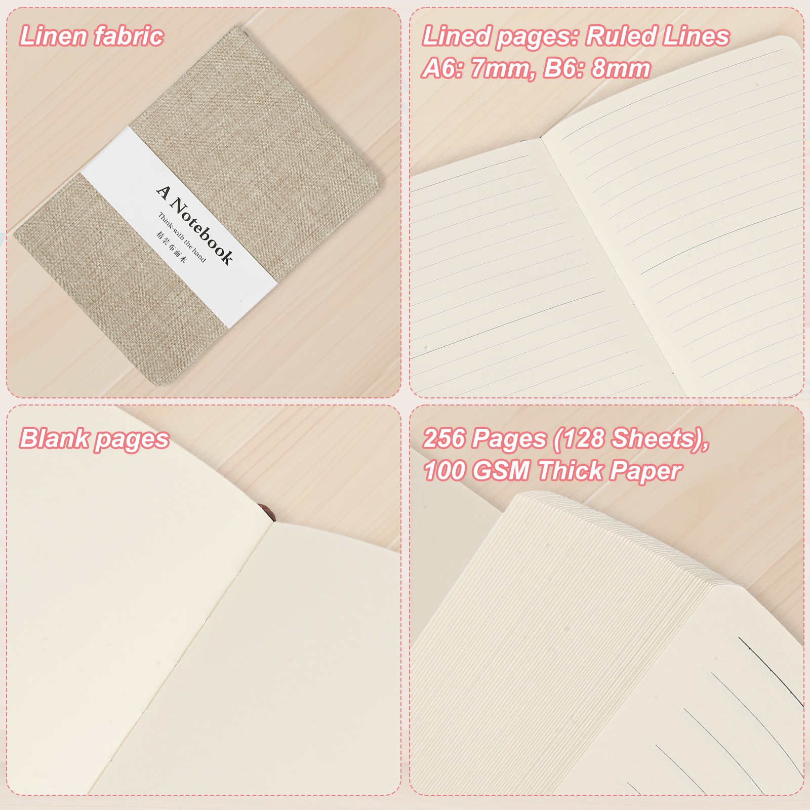 Linen Journal Notebook, 256 Pages 100 Gsm B6（5×7） Hardcover Journals (Khaki)