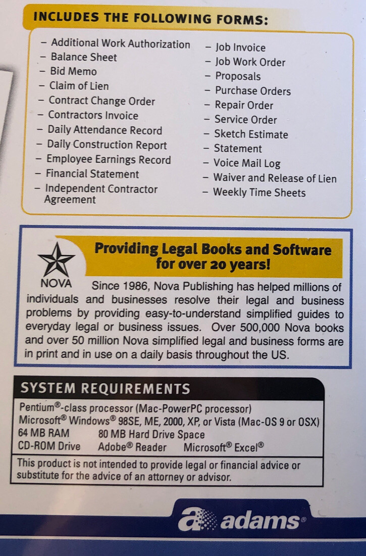SHIP24H-Adams SS4301 Contractor Forms on CD Windows & Macintosh PDF & Excel-NEW