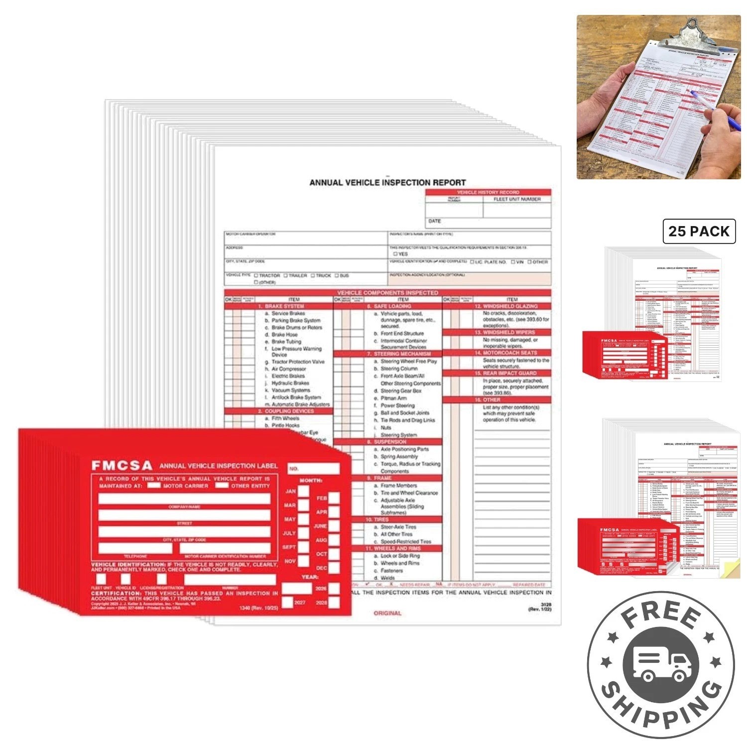 25 Carbonless Vehicle Inspection Forms & Red Inspection Labels – DOT Approved