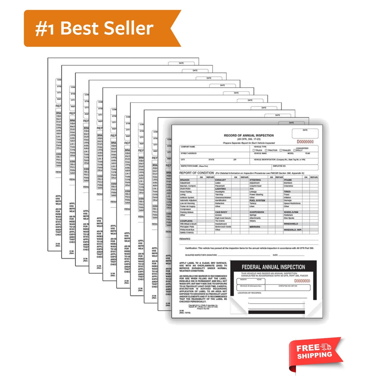 10-Pack Record of Annual Inspection Forms with Fade-Resistant Labels – USA Made