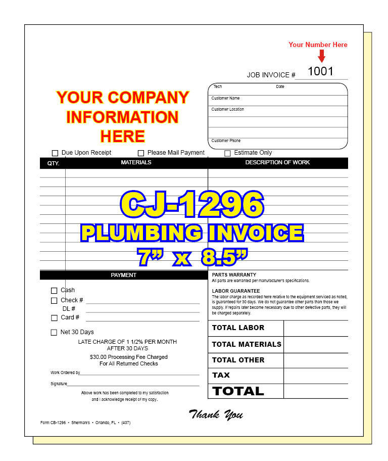 PLUMBING INVOICE CUSTOM PRINTED 2 or 3 Part Carbonless