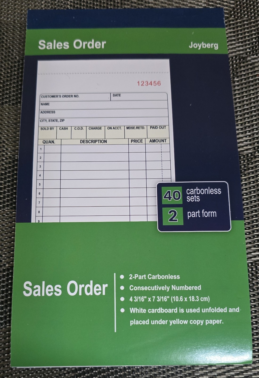 Joyberg 2 Part Carbonless Sales Order Book with 40 Sets; 4 3/16″x 7 3/16″