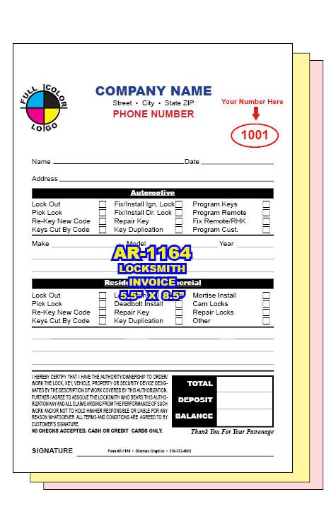 LOCKSMITH INVOICE WORK ORDERS CUSTOM PRINTED 2 or 3 Part CARBONLESS