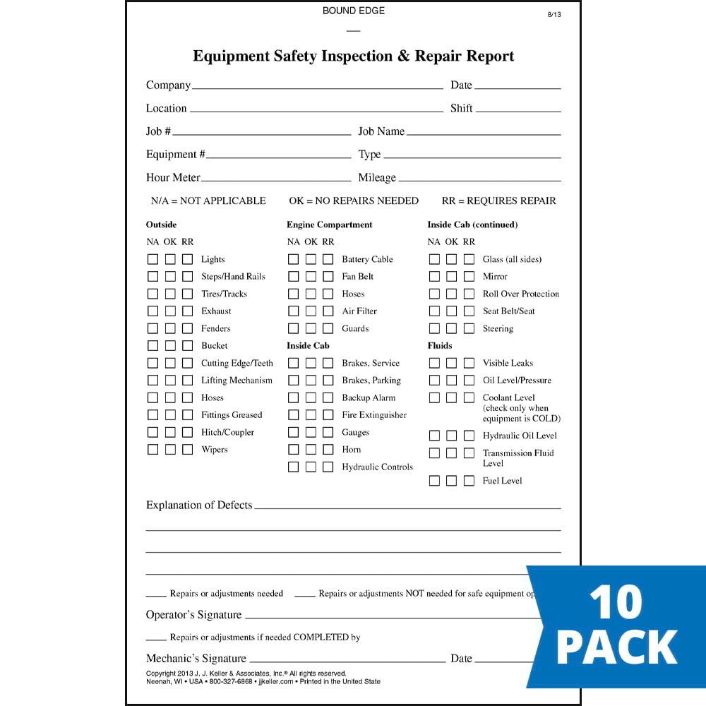 J. J. Keller Equipment Safety Inspection Report 10-pk.. 2-Ply, Carbonless, 5.5″