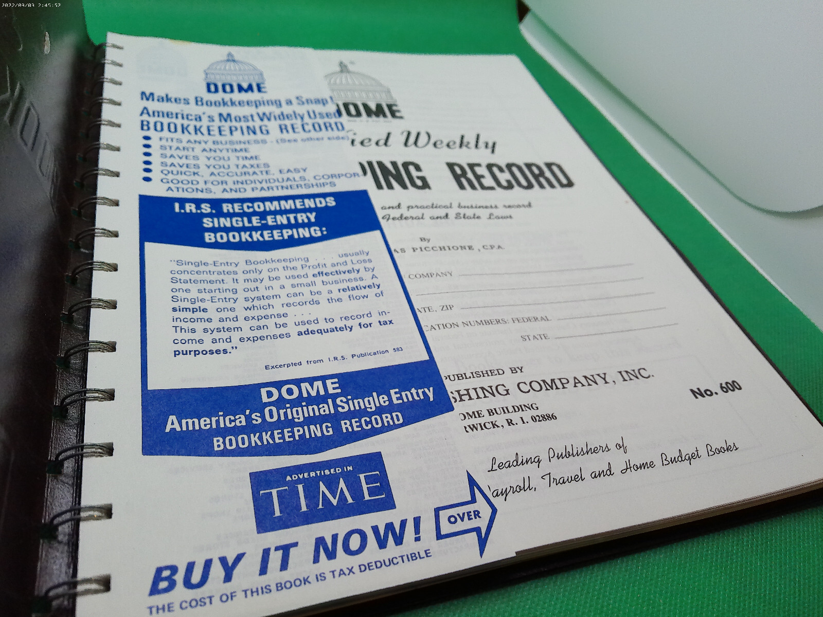 Dome simplified weekly Bookkeeping record Picchione #600 deductions NOS vintage
