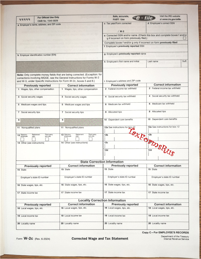 IRS Tax Form W-2c Corrected Wage/Tax Stmt single sheet set 1 employee, NON-cbnls