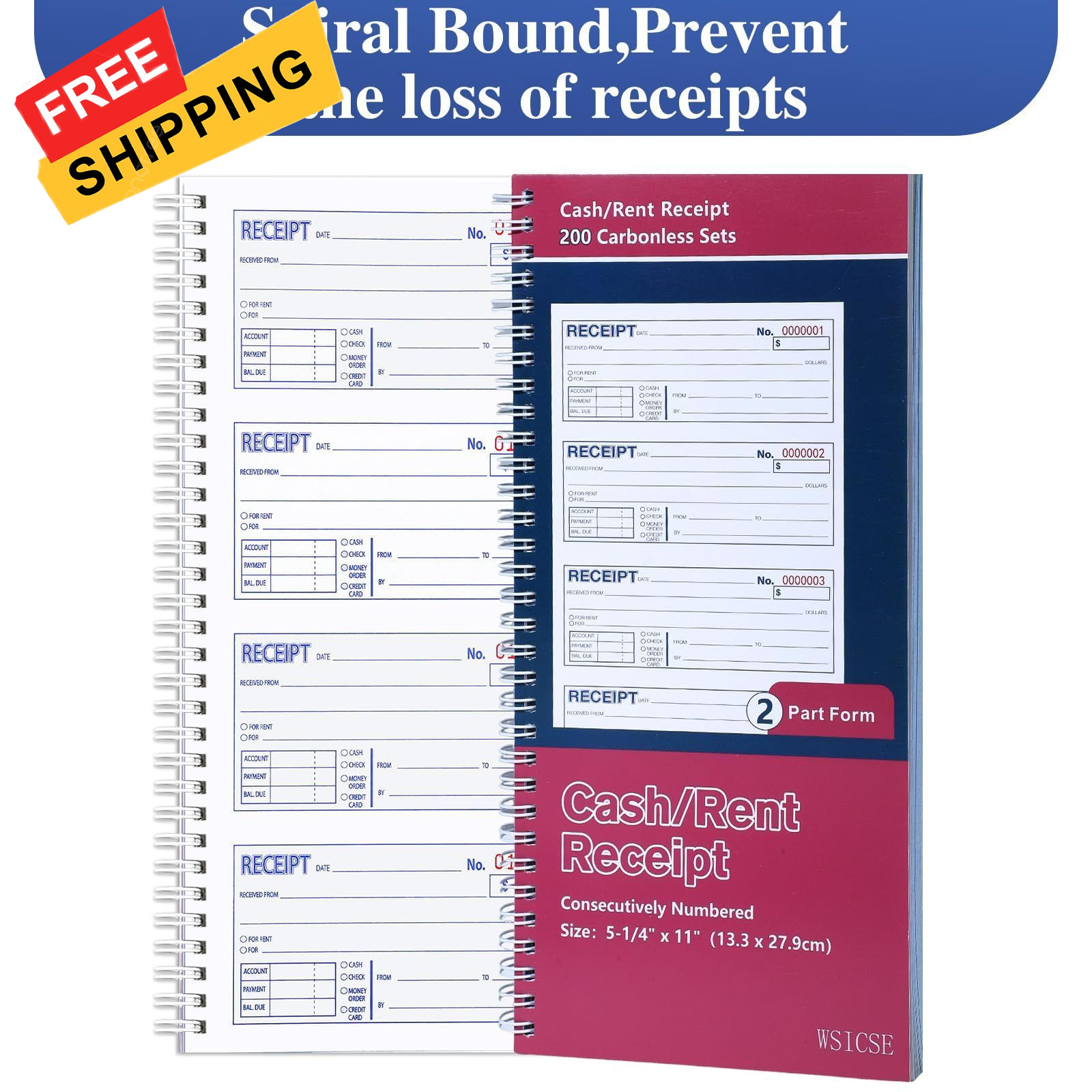 2 Pack Receipt Books with Carbon Copies, Rent Book, 2-Part Blue+red