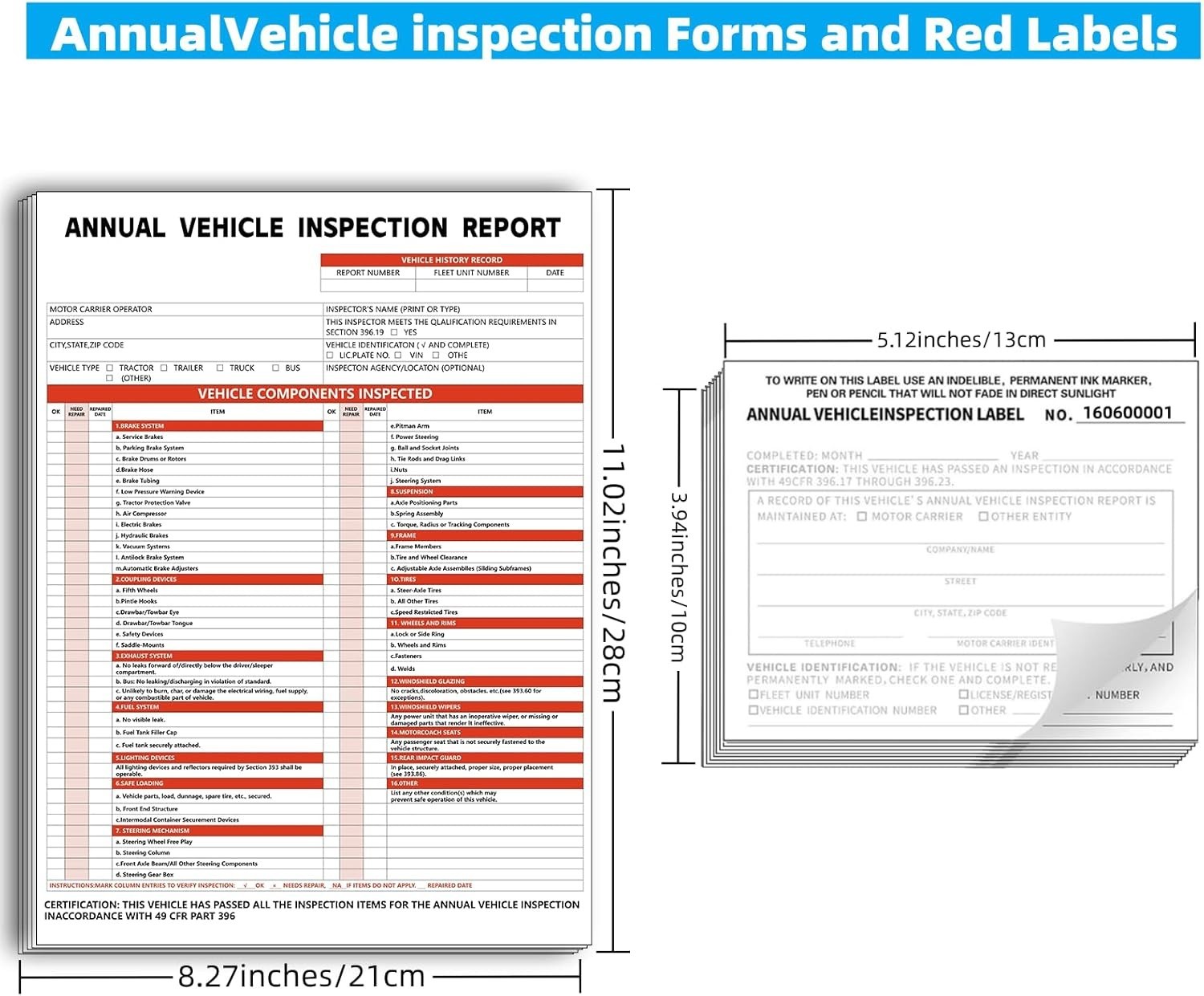 Annual Vehicle Inspection Report Form and Label, 25-Pack 3-Layer Vehicle Insp
