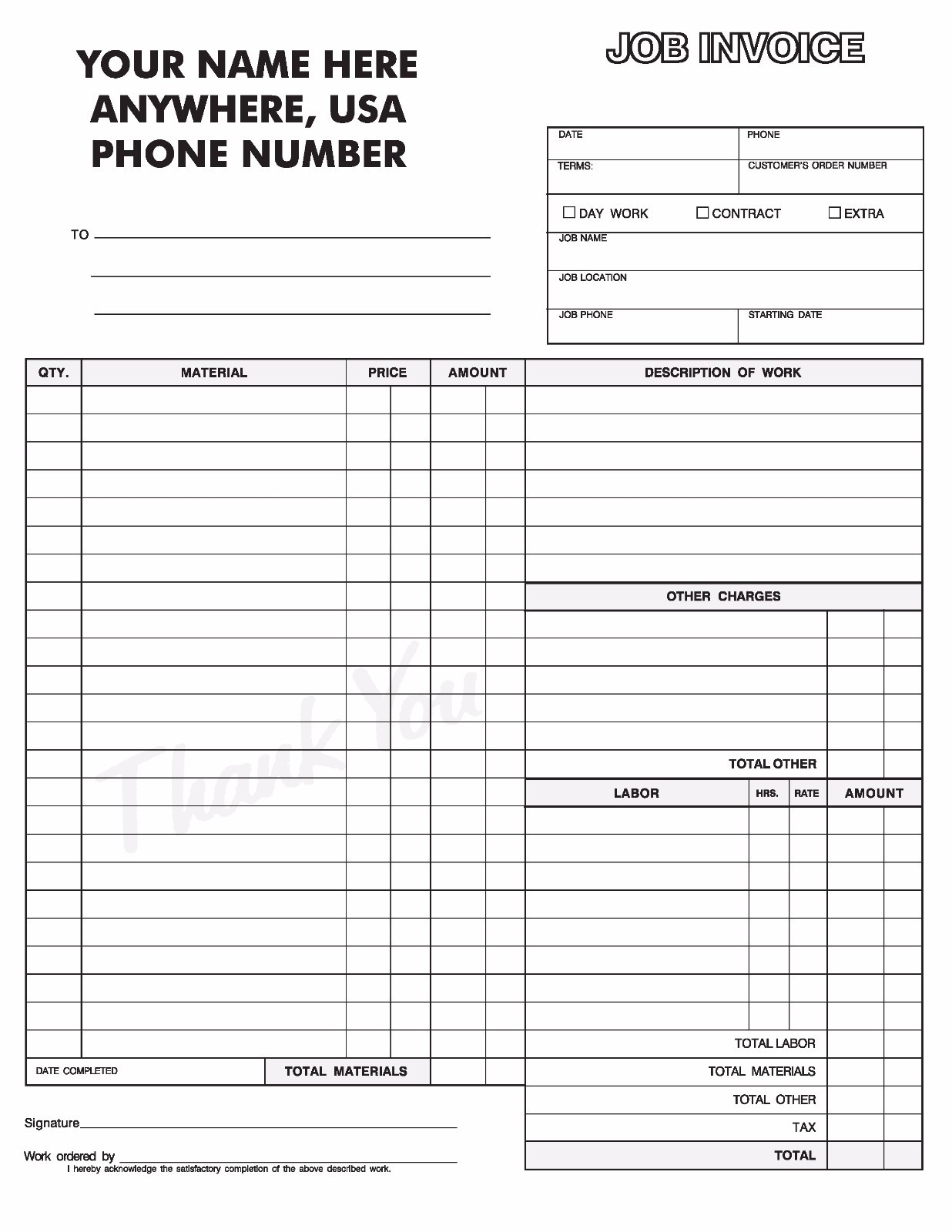 100 2-part Construction Job Invoice Forms – Contractor