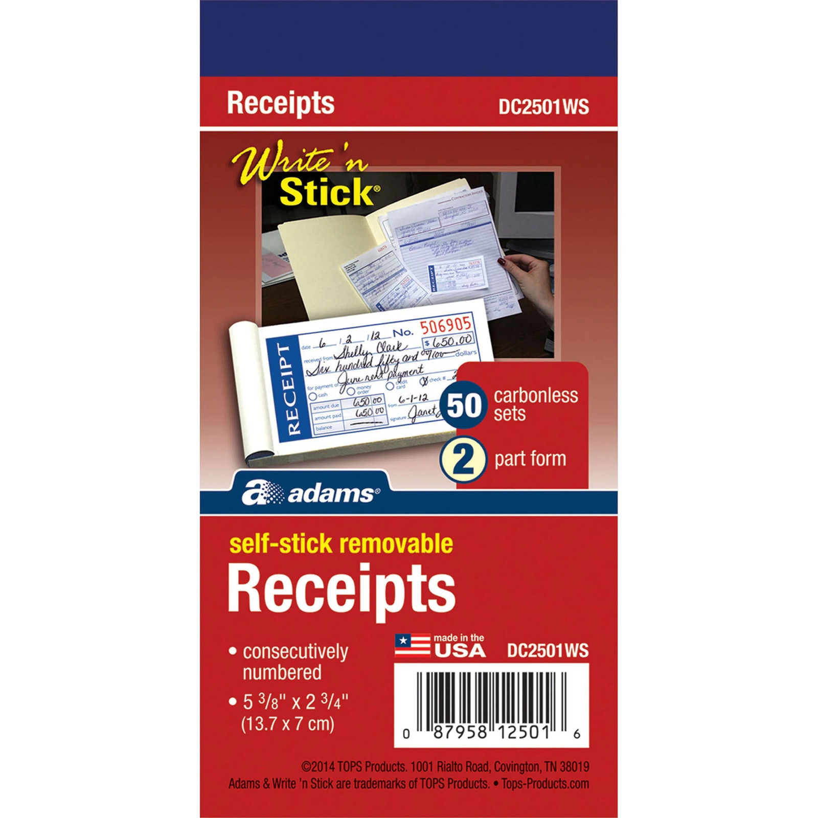 Adams Write N’ Stick Receipt Book, 2 3/4″ x 5 3/8″, 2-Part, Book Of 50 Sets