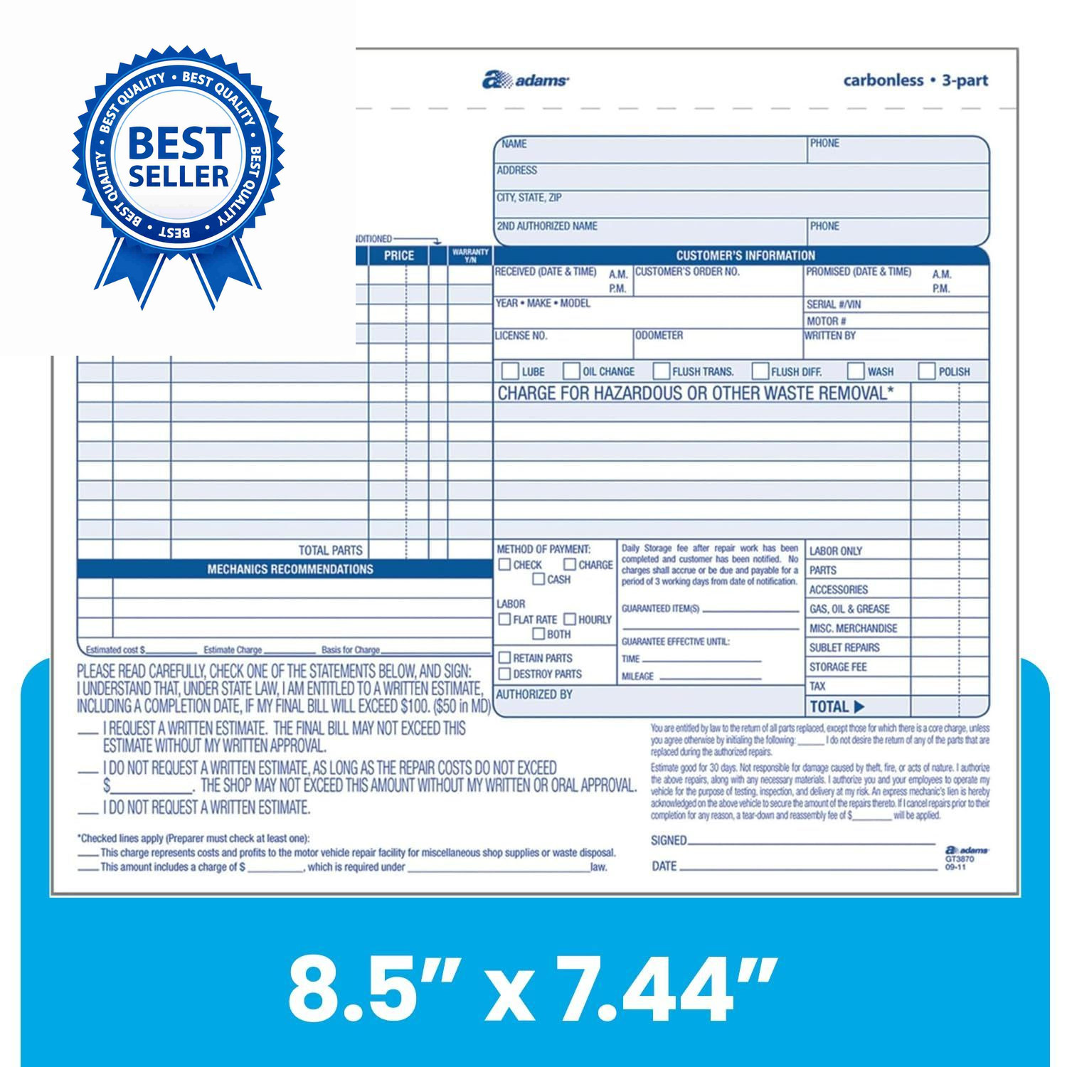 Adams Auto Repair Order Forms, 8.5 x 7.44 Inch, 3-Part, 50-Pack, White/Canary
