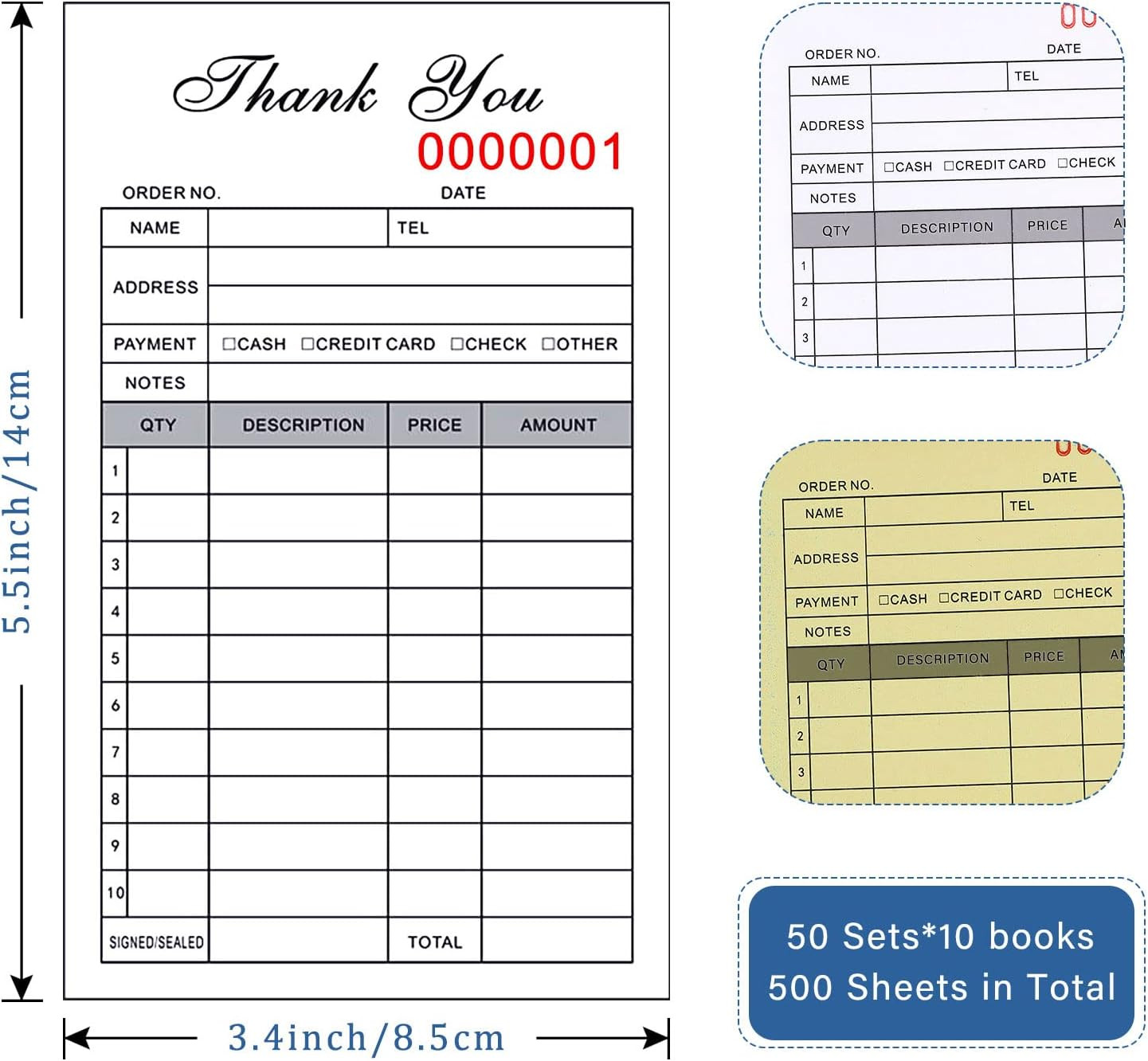 10 Pack Thank You Receipt Book, 3.4X5.5″ Handheld 2-Part Carbonless Sales