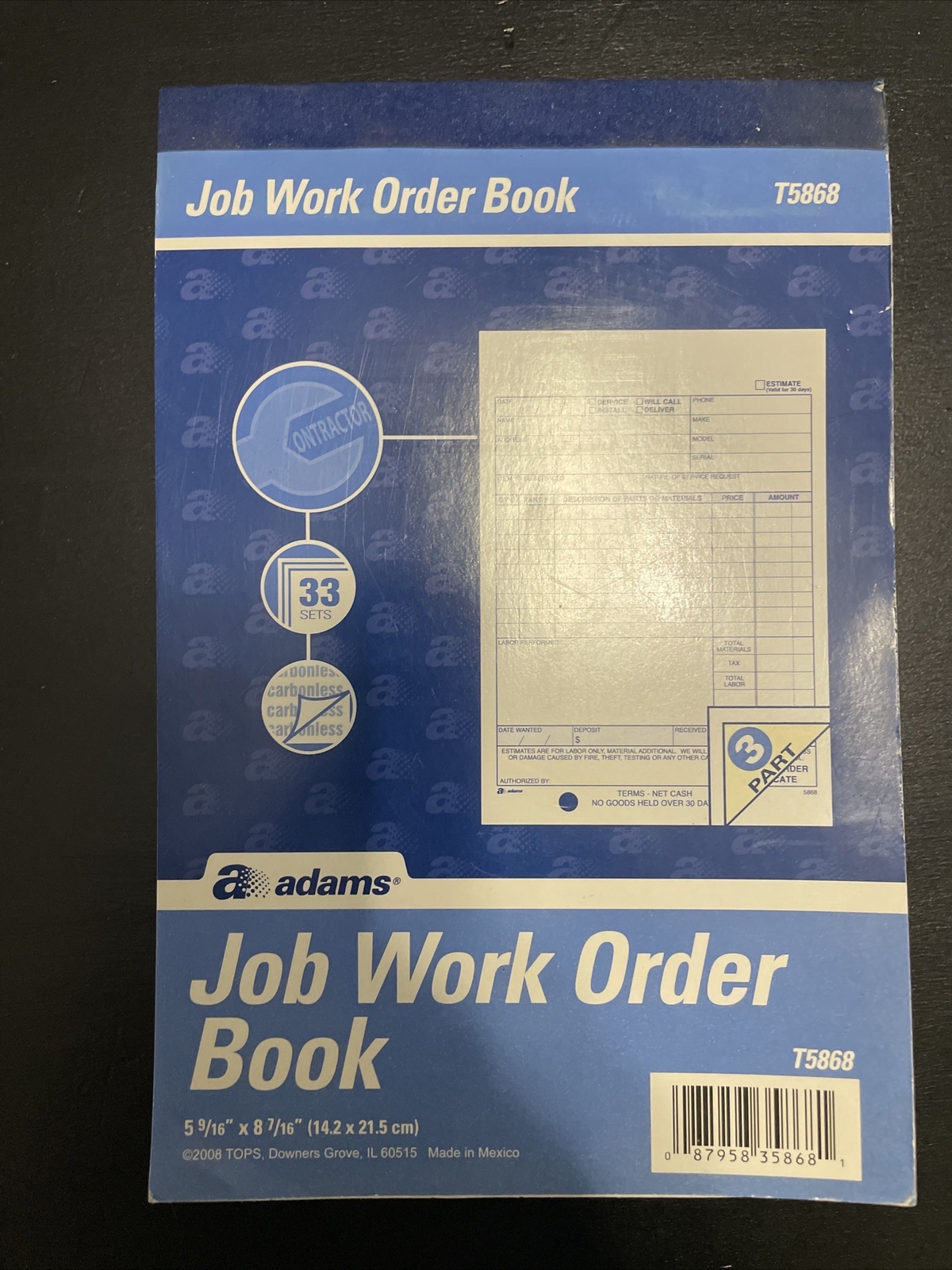 Adams Job Work Order Book, 3-Part Carbonless, White/Canary/White, 3 Pack