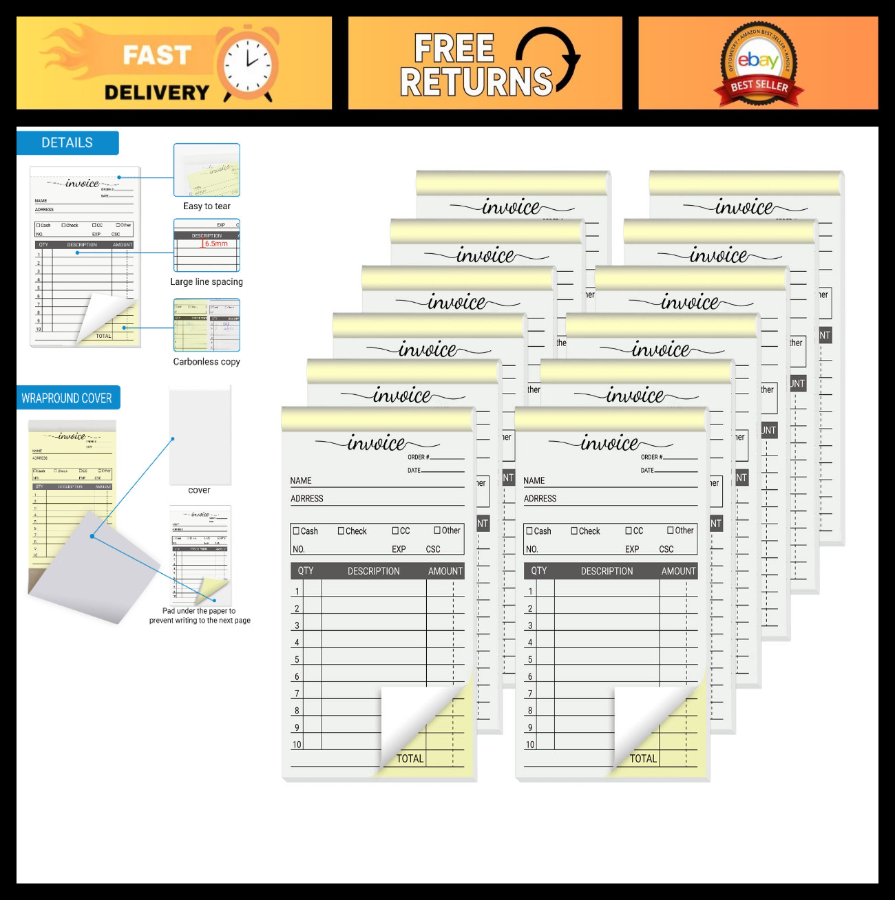 Invoice Books 3.5×5.5 Inch – 12 Pack, Carbonless Receipt Pads, 600 Sets, 2-Part