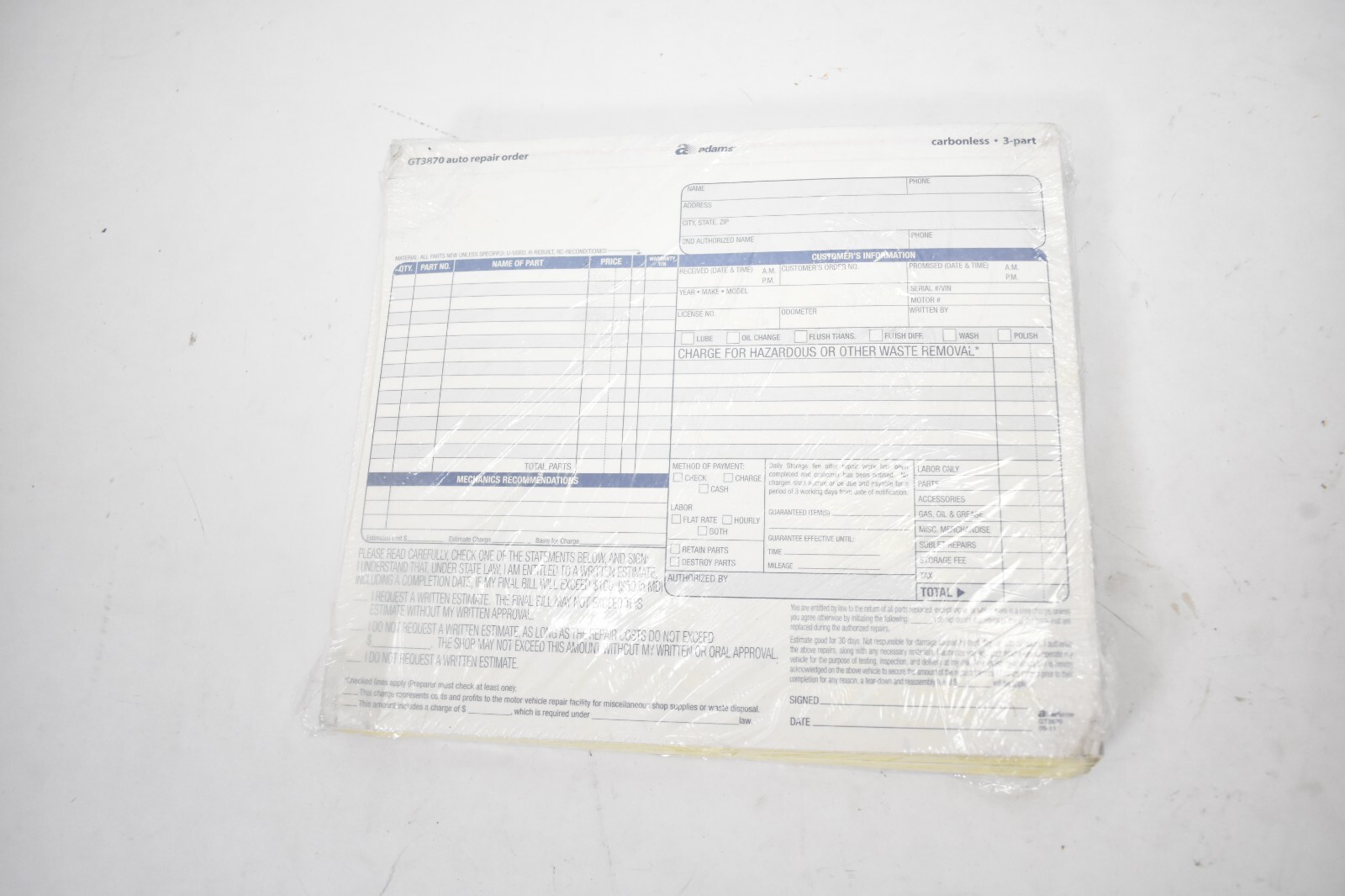 Adams Auto Repair Order GT3870 50 Pack Form Invoices 3 Part BENT CORNERS