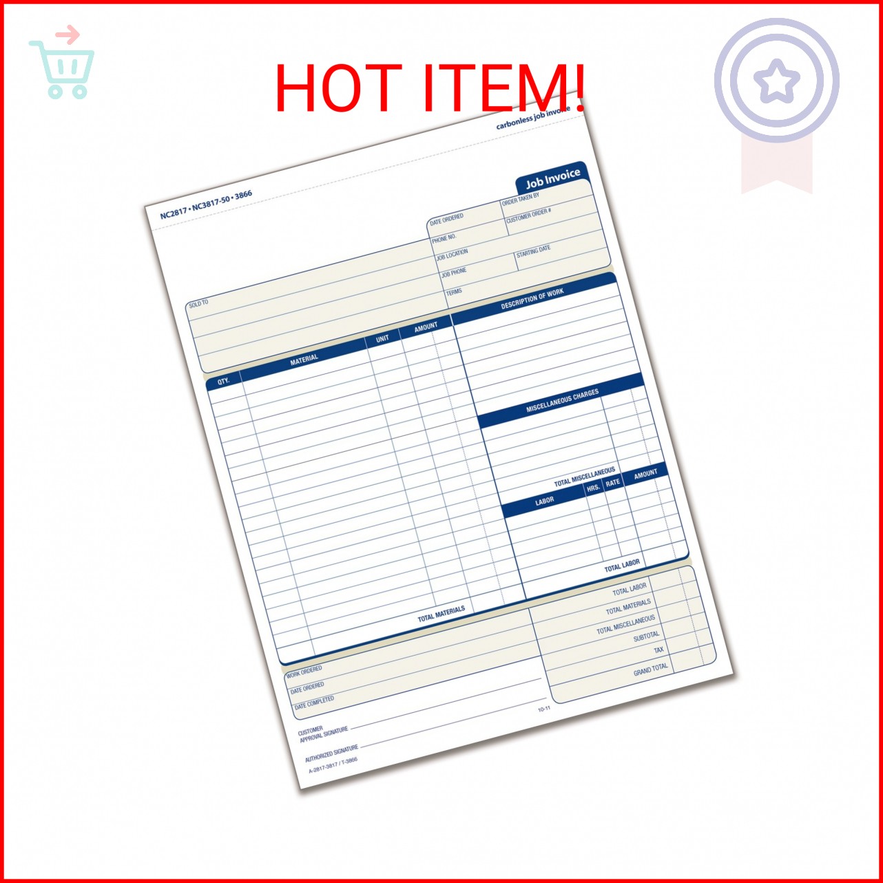 Adams Job Invoice Forms, 2-Part Carbonless, For Service and Repair Billing, 100