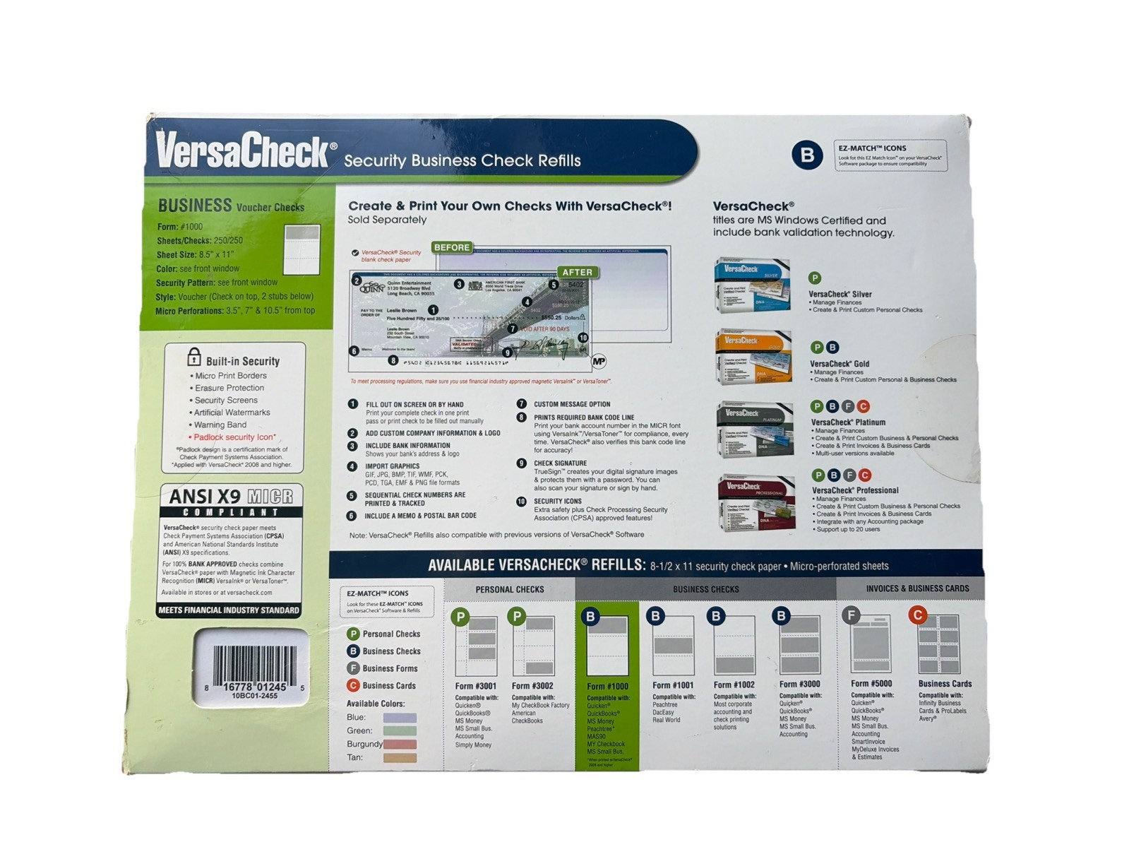 VersaCheck Security Business Check Refills – Form #1000 – 250 Sheets – Blue