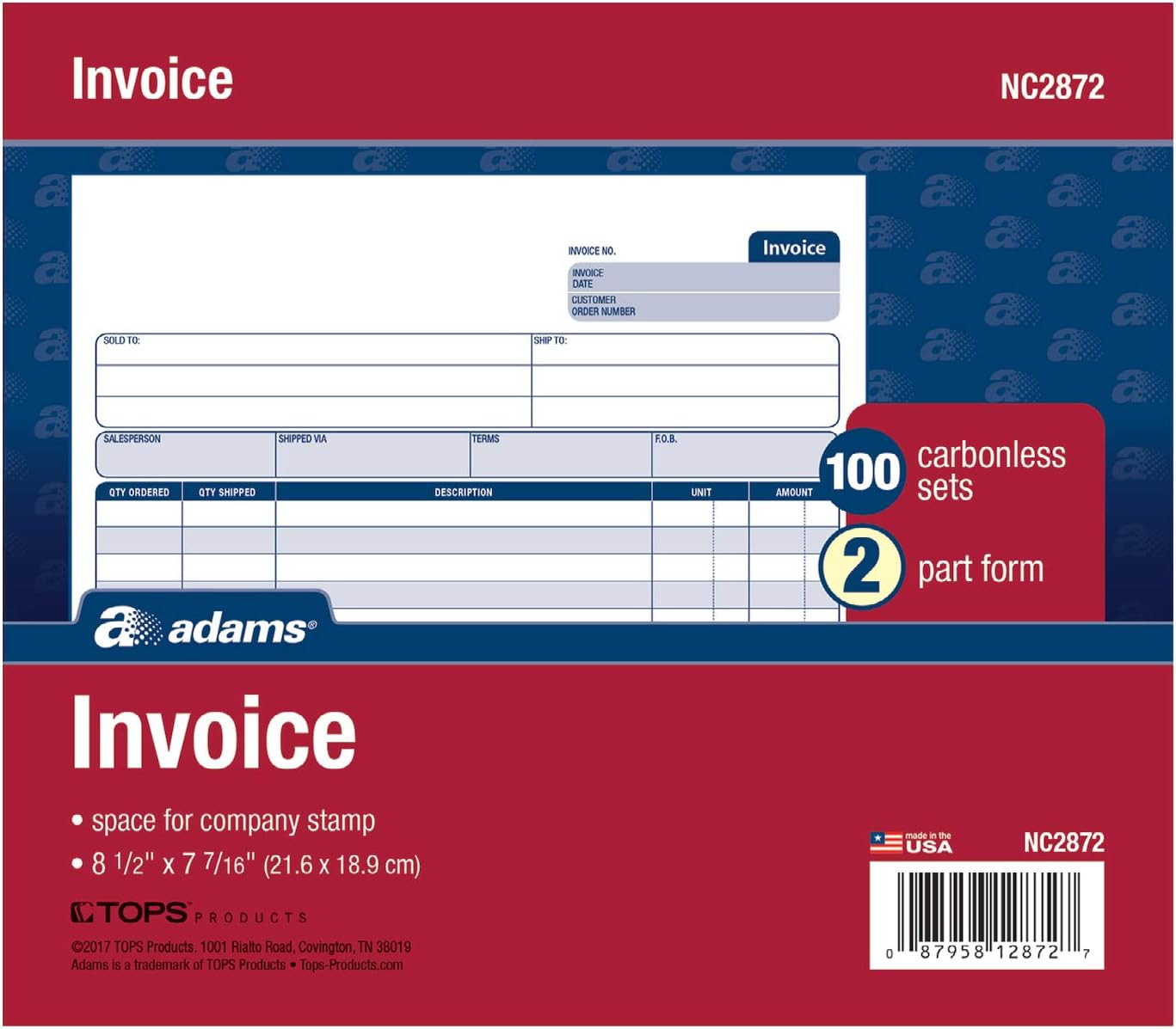 Invoice Book, 2-Part Carbonless, 8-1/2″ X 7-7/16″, 50 Sets per Book (NC2872), Wh