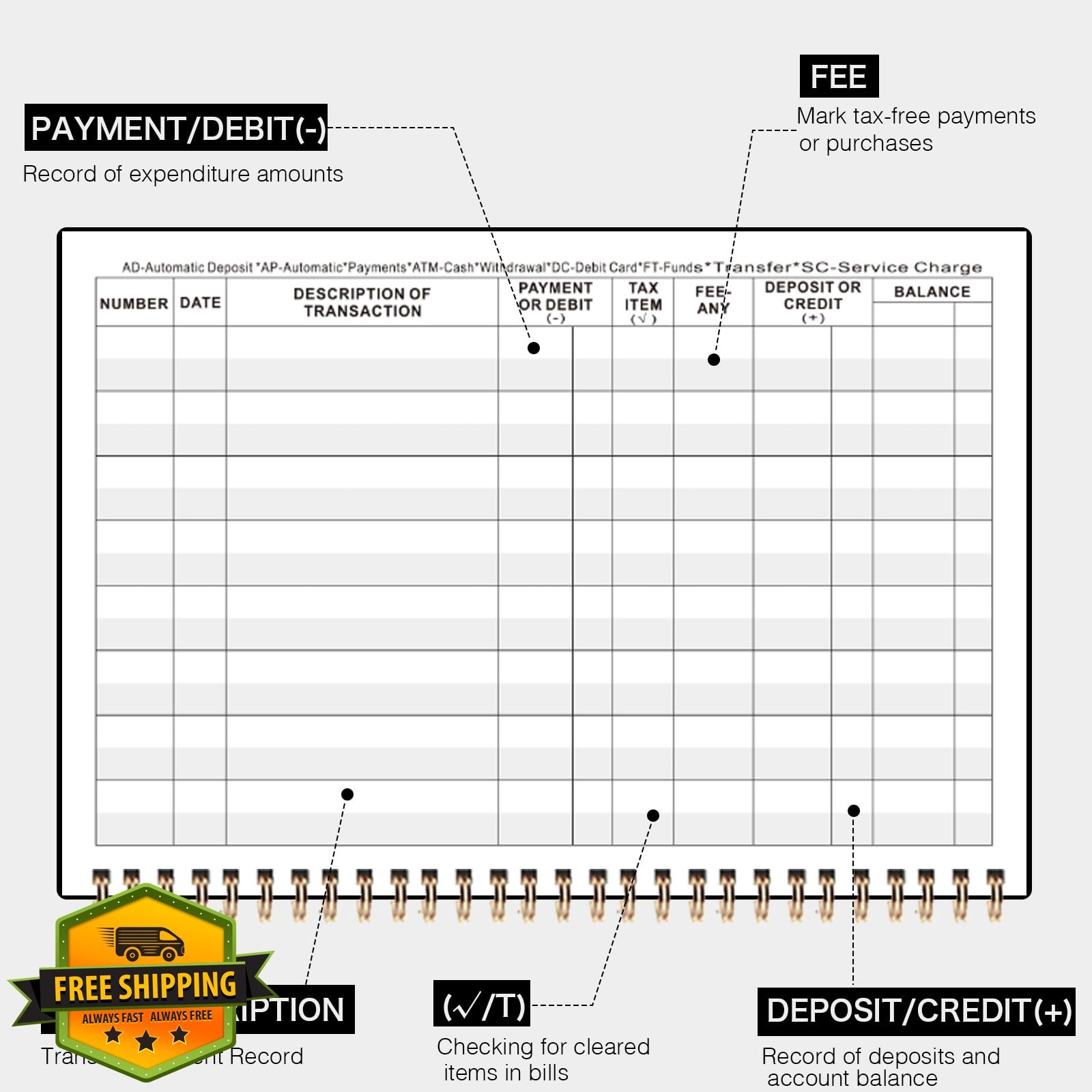 Dayvorax Check Register Blue Large Print Spiral