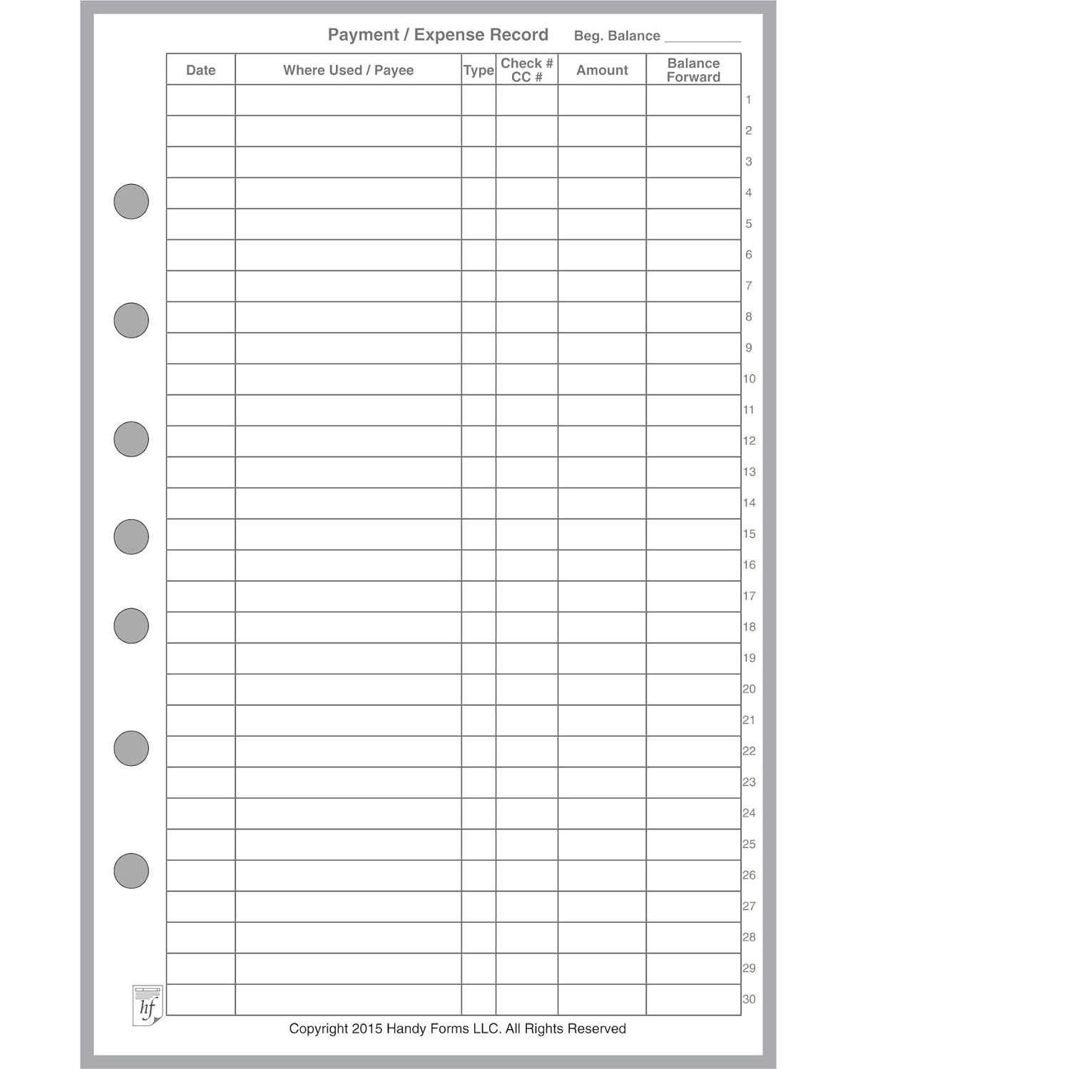 High-Quality Payment/Expense Record with 7-Hole Punch – Fits Franklin Notebooks