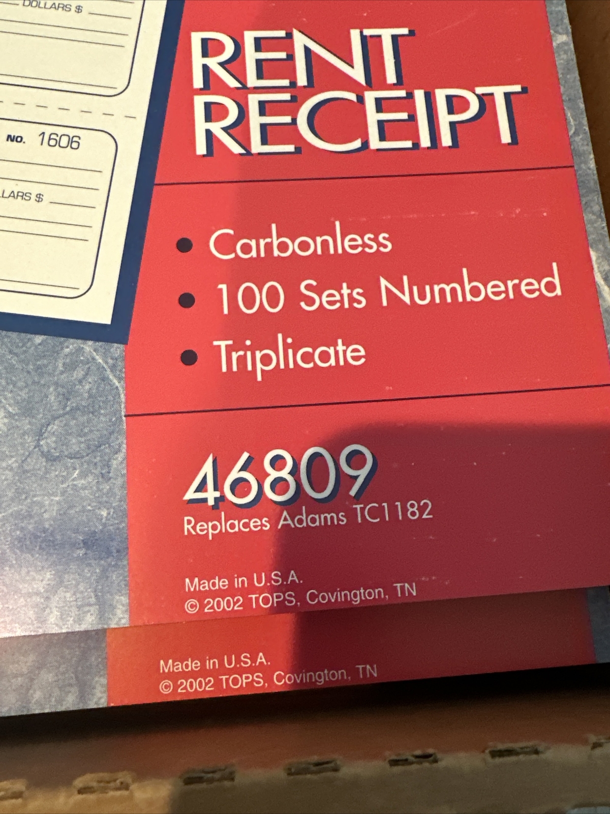 9 TOPS Rent Receipt Books, 2-3/4 x 7-1/8”Carbonless 3Part, 100 Sets/Book”