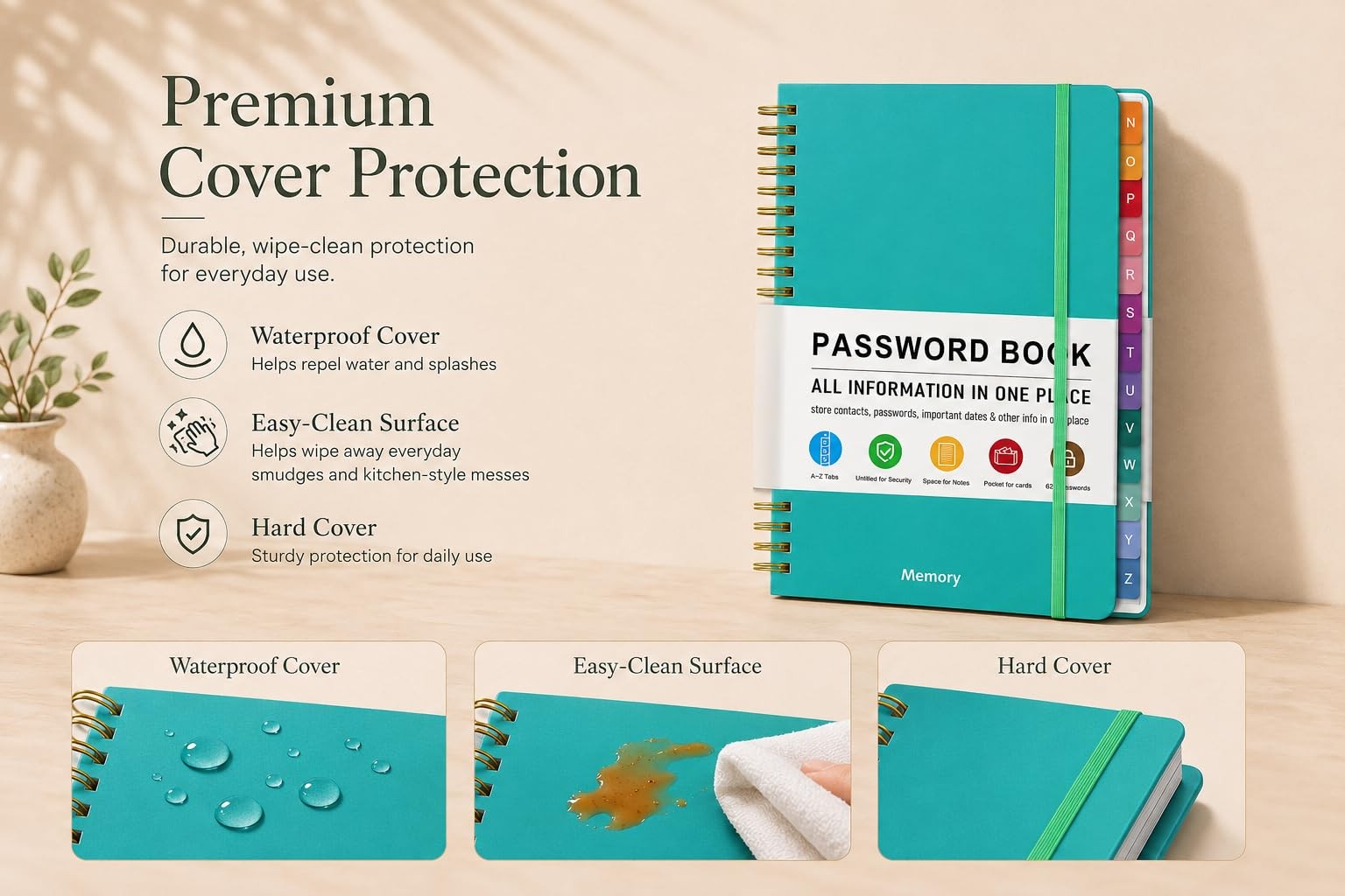 Password Book with Colorful Alphabetical Tabs A5 (5.8″ X 8.2″), Green Purple