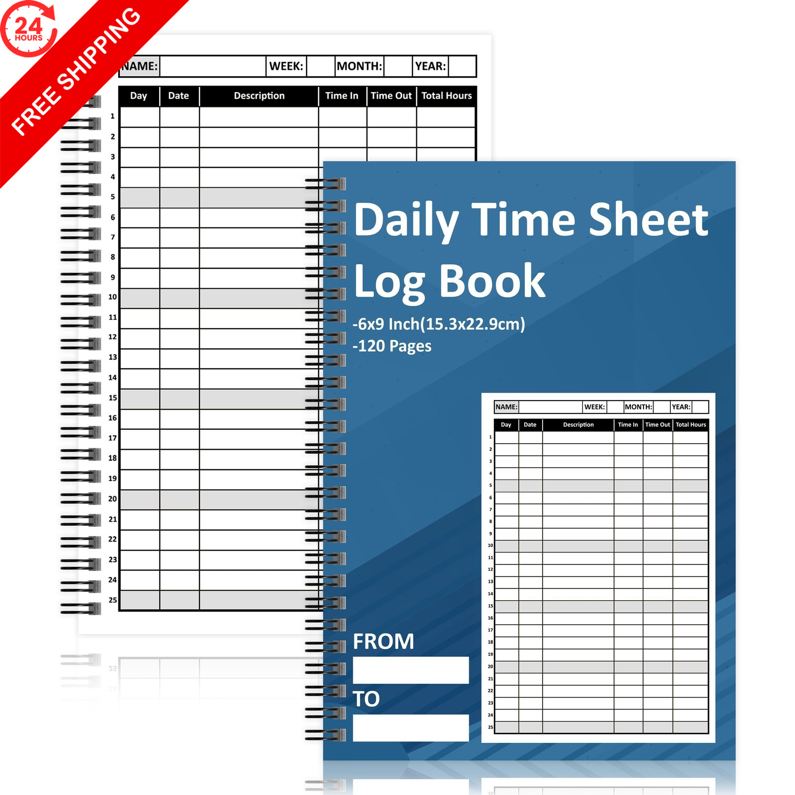 2 Pcs Daily Time Sheet Log Book 120 Pages 6×9 Inch Spiral Binder 6 x 9