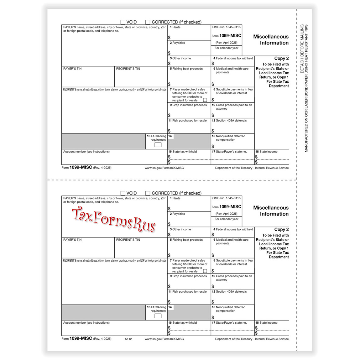 2025 IRS Tax Form 1099-MISC Laser 4 recipients + (1)1096 #TF6103 4-pt — NO Env