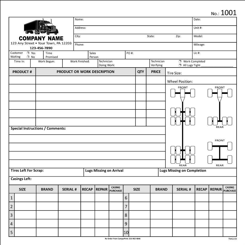 Truck Tire Repair Service Work Order / 8.5 x 11 / 2 or 3 Part / TMG159