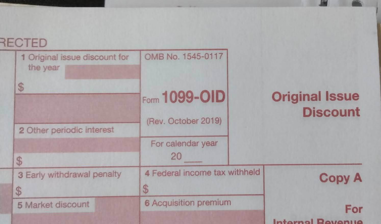 5 SHEETS 1099-OID IRS Original Issue Discount & 1096 Transmittal Forms
